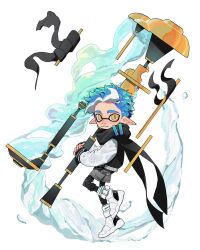  1boy black_jacket black_leggings black_scarf black_socks blue_hair closed_mouth commentary english_commentary expressionless full_body grey_shorts high_tops highres holding holding_weapon inkling inkling_boy inkling_player_character jacket leggings leggings_under_shorts long_pointy_ears looking_at_viewer male_focus pointy_ears rn_mnrn scarf shoes short_hair shorts sneakers socks solo splatoon_(series) standing standing_on_one_leg weapon white_background white_shoes yellow_eyes 