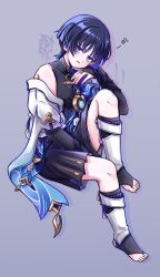  1boy anemo_symbol_(genshin_impact) armor black_bodysuit black_bridal_gauntlets black_shorts blue_cape blue_gem blue_kimono blunt_ends bodysuit bridal_gauntlets cape choppy_bangs covered_collarbone drop_shadow eyeliner full_body furisode gem genshin_impact gold_ring grey_background hakama hakama_shorts hand_between_thighs hand_on_own_face hand_up head_tilt highres japanese_armor japanese_clothes juban kimono knee_up kote kurokote leg_warmers looking_at_viewer makeup male_focus middle_ring natuo_e open_clothes open_kimono open_mouth pleated_shorts pom_pom_(clothes) purple_hair purple_rope red_eyeliner rope scaramouche_(genshin_impact) short_sleeves shorts side_cape single_bare_shoulder single_off_shoulder sitting solo stirrup_legwear tassel toeless_legwear toenails toes tsurime turtleneck turtleneck_bodysuit twitter_username violet_eyes wanderer_(genshin_impact) white_kimono white_leg_warmers white_sleeves 