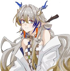  1girl absurdres aqua_eyes arknights bare_shoulders blonde_hair blonde_streaks blue_hair blue_horns blue_streaks blush closed_mouth dragon_girl dragon_horns earrings eastern_dragon_horns grey_hair hair_between_eyes highres horns jacket jewelry long_hair looking_at_viewer multicolored_hair multicolored_horns off_shoulder open_clothes open_jacket pointy_ears rep120105 shu_(arknights) simple_background solo streaked_hair two-tone_horns upper_body white_background white_jacket yellow_horns 