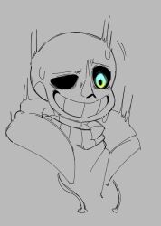  1boy 2023 2d aqua_eyes commentary cropped_shoulders digital_media english_commentary glowing glowing_eye gradient_eyes grey_background hollow_eyes hood hood_down hooded_jacket humanoid jacket long_sleeves male male_focus male_only monochrome monster monster_boy multicolored_eyes onerudegentlman open_clothes open_jacket sans_(undertale) simple_background skeleton solo sweat sweater teeth undead undertale utdr_(toby_fox) yellow_eyes 