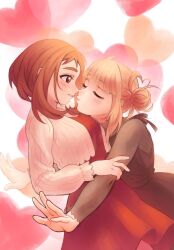  2girls blonde_hair blush boku_no_hero_academia breasts brown_dress brown_eyes brown_hair commentary cropped_jacket double_bun dress english_commentary hair_bun heart highres holding_another's_arm imminent_kiss jacket large_breasts looking_at_another medium_hair multiple_girls outstretched_arms parted_lips pochato puckered_lips red_dress ribbed_jacket see-through_clothes toga_himiko uraraka_ochaco valentine white_background white_jacket yuri 