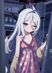  1girl absurdres artist_name black_halo black_horns blue_archive blurry blurry_background commentary demon_horns hair_between_eyes halo highres hina_(blue_archive) hina_(pajamas)_(blue_archive) horns indoors jacket jacket_partially_removed long_hair looking_at_viewer multicolored_halo multiple_horns night nightgown official_alternate_costume one_eye_closed opening_door pajamas parted_lips pink_nightgown polka_dot_nightgown purple_halo shuni_valentine signature small_sweatdrop solo sweat two-tone_halo very_long_hair violet_eyes white_hair window 
