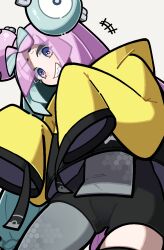  1girl blue_hair bow-shaped_hair character_hair_ornament commentary fake_hair_bun grey_pantyhose grin hair_ornament hexagon_print highres iono_(pokemon) jacket long_hair min_lona multicolored_hair oversized_clothes pantyhose pink_hair pokemon pokemon_scarlet_and_violet sharp_teeth single_leg_pantyhose sleeves_past_fingers sleeves_past_wrists smile solo split-color_hair teeth x_(symbol) yellow_jacket 