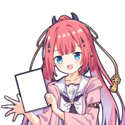  1girl :d ascot black_ascot blue_eyes blunt_bangs blush chinese_commentary commentary_request fake_horns hair_ornament hands_up holding horns japanese_clothes kamiyama_shiki kimono kk0220 long_hair long_sleeves looking_at_viewer open_clothes open_kimono open_mouth pink_kimono red_hair sailor_collar school_uniform serafuku shirt sidelocks simple_background smile solo summer_pockets summer_pockets_school_uniform tassel tassel_hair_ornament template upper_body very_long_hair white_background white_sailor_collar white_shirt wide_sleeves 