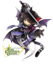  1girl animal_ears bat_wings black_hair black_robe black_tail black_wings blush_stickers cat_ears cat_girl cat_tail copyright_logo emil_chronicle_online ghost_girl ghost_tail highres holding holding_sword holding_weapon jewelry logo nekomata_kuro official_art pendant purple_robe rapier red_eyes robe striped_tail sword tail weapon white_tail wings 