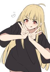  1girl absurdres ahoge black_shirt blonde_hair blush cho_kaguya-hime! commentary_request cowboy_shot double_v heart highres kaedemaru kaguya_(cho_kaguya-hime!) long_hair long_shirt red_eyes shirt short_sleeves smile solo tongue tongue_out v white_background 