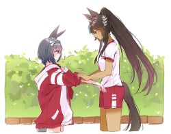 2girls animal_ears black-framed_eyewear black_hair blue_eyes blush braid breasts brown_hair closed_mouth commentary_request crown_braid dark-skinned_female dark_skin earrings glasses gym_shirt hair_between_eyes height_difference highres horse_ears horse_girl horse_tail jacket jewelry long_hair looking_at_another morizu929 multiple_girls outdoors oversized_clothes ponytail red_jacket red_shorts shirt shorts single_earring symboli_kris_s_(umamusume) tail tracen_training_uniform track_jacket umamusume white_shirt zenno_rob_roy_(umamusume) 