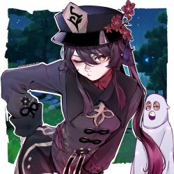  1boy 1girl aether_(genshin_impact) arm_behind_back artist_name black_hat black_jacket black_pants blonde_hair blush brown_hair collared_shirt commentary eeferthetraveler english_commentary flower flower-shaped_pupils game_screenshot_background genshin_impact ghost_costume grass hat hat_flower highres hu_tao_(genshin_impact) jacket long_hair long_sleeves looking_at_viewer night one_eye_closed orange_eyes outdoors pants red_shirt screenshot_background shirt sidelocks symbol-shaped_pupils tree twintails 