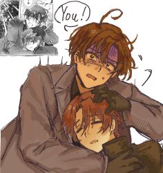  2boys ahoge axis_powers_hetalia bapnx88796 black_shirt brothers brown_coat brown_eyes brown_gloves brown_hair brown_jacket closed_eyes coat collared_shirt cropped_torso derivative_work from_behind gloves hair_between_eyes hand_on_another's_back hand_on_another's_head highres hug jacket lapels long_sleeves looking_at_viewer male_focus messy_hair multiple_boys northern_italy_(hetalia) official_alternate_costume open_clothes open_coat open_mouth orange_hair scared screenshot_redraw shirt short_hair siblings simple_background southern_italy_(hetalia) sweat teeth tongue trembling twins white_background 
