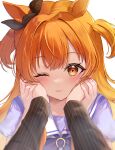  1girl absurdres animal_ears commentary_request film_grain hands_on_another&#039;s_cheeks hands_on_another&#039;s_face highres horse_ears horse_girl long_hair looking_at_viewer mayano_top_gun_(umamusume) mimuta one_eye_closed orange_eyes orange_hair pov pov_hands sailor_collar school_uniform solo_focus tracen_school_uniform two_side_up umamusume upper_body white_background 