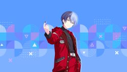  1boy aoyagi_touya arm_at_side belt belt_buckle black_gem black_shirt blue_background blue_hair buckle buttons chain chain_necklace clothes_writing colorful_palette cowboy_shot dot_nose earrings english_text fingernails game_cg gem hair_between_eyes hand_in_pocket hand_up highres hood hooded_jacket index_finger_raised jacket jewelry lapels long_sleeves looking_at_viewer male_focus mole mole_under_eye multicolored_hair nail_polish necklace official_alternate_costume official_art open_clothes open_jacket pants pocket project_sekai purple_background red_gem red_jacket red_nails red_pants shirt short_hair show_'em_what's_up!_(project_sekai) smile solo split-color_hair split_mouth swept_bangs third-party_source triangle turtleneck turtleneck_shirt two-tone_background upper_body white_belt 