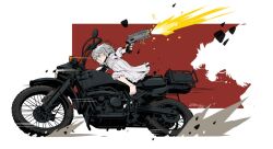  1girl barefoot dress emilio_lopez emily_(resident_evil) gun holding holding_gun holding_weapon motor_vehicle motorcycle nightgown on_motorcycle red_background resident_evil short_hair weapon white_background white_dress white_eyes white_hair white_nightgown 