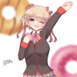  1girl ;d adapted_costume aqua_eyes arm_up black_jacket blurry blurry_background blush bow bowtie breasts collared_shirt commentary_request cowboy_shot doughnut fang film_grain food grey_skirt hair_between_eyes hair_ornament hair_ribbon hand_up happy highres holding holding_donut holding_food jacket kamikita_komari large_breasts little_busters! long_ribbon long_sleeves looking_at_viewer luchia one_eye_closed open_mouth pink_bow pink_bowtie plaid_clothes plaid_skirt red_ribbon ribbon shirt short_hair signature simple_background skirt smile solo star_(symbol) star_hair_ornament two_side_up white_background white_shirt 