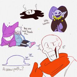  1:1 2023 2d 4boys ^^^ black_cape black_hat black_sclera black_shorts blue_jacket brothers cape closed_eyes colored_sclera colored_skin commentary crossover deltarune digital_media english_commentary english_text gengar ghost grey_hood hat highres hollow_eyes hood hood_down hooded_jacket humanoid imp jacket jester jester_cap jester_costume jevil long_sleeves looking_at_viewer male male_focus male_only monster monster_boy multiple_boys neck_ruff onerudegentlman open_clothes open_jacket papyrus_(undertale) pink_slippers pointy_ears pokemon pokemon_(creature) purple_hat purple_skin red_cape sans_(undertale) shirt shorts siblings simple_background single_vertical_stripe sitting skeleton sleeping slime_(substance) slippers snow socks squeans striped_clothes striped_shorts surprised sweat teeth text two-tone_hat u_u undead undertale utdr_(toby_fox) vertical-striped_clothes vertical-striped_shorts w.d._gaster white_background white_shirt white_socks white_stripes zzz |_| 