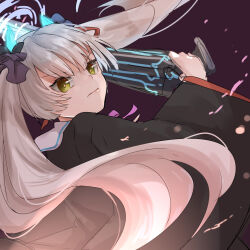  1girl aura black_robe blunt_bangs blunt_ends brown_hair closed_mouth commentary_request dutch_angle eyelashes fake_horns fighting_stance floating_hair gun hair_ribbon heaven_burns_red highres holding holding_gun holding_weapon horns long_hair long_sleeves looking_at_viewer ogasahara_hisame purple_background purple_ribbon ribbon robe sakura_no_yoru serious sidelocks simple_background solo twintails upper_body v-shaped_eyebrows very_long_hair weapon wide_sleeves yellow_eyes yellow_pupils 