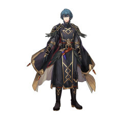  1boy absurdres armor black_boots black_cape black_gloves black_pants black_shirt blue_eyes blue_hair boots cape closed_mouth commentary_request dagger feathers fire_emblem fire_emblem:_three_houses fire_emblem_heroes full_body gloves highres knife long_sleeves looking_at_viewer male_byleth_(fire_emblem) male_byleth_(resplendent)_(fire_emblem) male_focus official_alternate_costume official_art pants second-party_source sheath sheathed shirt short_hair shoulder_armor simple_background solo weapon 