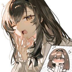  !? 1girl ;d ;o arknights black_hair breasts brown_eyes brown_hair chibi commentary covering_own_mouth fingernails fumi_(rdbm) grey_sweater hair_ornament hand_over_own_mouth highres lab_coat light_blush long_sleeves looking_at_viewer medium_hair one_eye_closed open_mouth portrait priestess_(arknights) shirt simple_background sleepy smile solo squeans sweater tears turtleneck turtleneck_sweater waking_up white_background white_shirt white_sweater yawning 