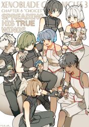  3girls 4boys aged_down animal_ear_fluff animal_ears arms_up black_hair black_pants blue_eyes blue_hair blush brown_hair cat_ears cat_girl character_doll closed_eyes closed_mouth collarbone commentary_request dark-skinned_male dark_skin doll english_text eunie_(xenoblade) fiery_hair green_hair grey_pants head_wings highres holding holding_doll joran_(xenoblade) lanz_(xenoblade) mio_(xenoblade) multiple_boys multiple_girls noah_(xenoblade) pants rico_ot sena_(xenoblade) short_hair side_ponytail sitting smile sweatdrop taion_(xenoblade) undercut wings xenoblade_chronicles_(series) xenoblade_chronicles_3 yellow_eyes 