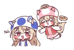  2girls =_= animal_ear_fluff animal_ears bandaid bandaid_hair_ornament blonde_hair blush_stickers chibi chibi_only cosplay dog_ears dog_girl dog_tail double-parted_bangs dress ears_through_headwear english_text engrish_text floating fuwawa_abyssgard hair_between_eyes hair_ornament hairclip halo highres hololive hololive_english long_hair looking_at_animal mming_(mmingis18) mococo_abyssgard multicolored_hair multiple_girls mushroom_hat parallel_hairclips pink_streaks raised_inner_eyebrows ranguage red_eyes short_dress short_hair siblings simple_background sisters sparkle speech_bubble streaked_hair super_mario_bros. super_mario_bros._wonder tail toad_(mario) toad_(mario)_(cosplay) toadette toadette_(cosplay) traditional_halo twins two_side_up v-shaped_eyebrows virtual_youtuber white_background x_hair_ornament 