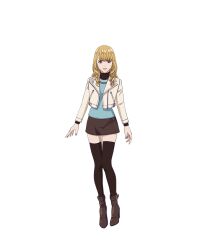  1girl artist_request blonde_hair blue_shirt boots brown_boots brown_eyes brown_skirt brown_thighhighs closed_mouth commentary_request cropped_jacket full_body jacket karina_lyle lips long_hair long_sleeves official_art open_clothes open_jacket second-party_source shirt skirt solo standing straight-on tachi-e thigh-highs tiger_&amp;_bunny transparent_background white_jacket 