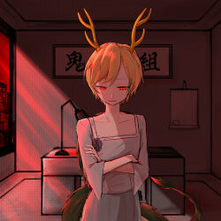  1girl absurdres blonde_hair blue_shirt blue_skirt collarbone commentary_request crossed_arms dragon_horns dragon_tail eastern_dragon_horns eastern_dragon_tail flat_chest hair_between_eyes highres horns indoors kicchou_yachie light_smile long_sleeves looking_at_viewer nagi_(dfgd8473) parted_lips red_eyes shirt short_hair skirt solo table tail touhou window 