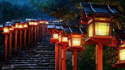  architecture artist_name bush commentary east_asian_architecture english_commentary forest glowing grass highres landscape lantern leaf light_particles nature night no_humans original outdoors painterly scenery sicuvn stairs tree wooden_lantern 