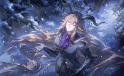 1girl arknights artist_name black_suit blonde_hair commentary degenbrecher_(arknights) english_commentary floating_hair forest gloves goat_girl goat_horns helen_zzhao highres holding holding_sword holding_weapon horns long_hair looking_up nature pants snow snowing solo suit sword tree very_long_hair weapon 