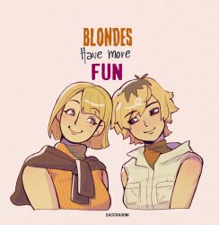  2girls ashley_graham blonde_hair brown_scarf english_text freckles heather_mason highres multicolored_hair multiple_girls orange_shirt resident_evil roots_(hair) saccharoni scarf shirt short_hair silent_hill_(series) sleeveless sleeveless_shirt smile vest white_vest 