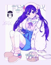  1girl arm_support bag blue_shorts boots bright_pupils brown_boots character_doll collared_jacket collared_shirt colored_skin commentary cosplay doll double-parted_bangs hair_between_eyes handbag headscarf hero_(headspace)_(omori) hero_(omori) holding holding_stuffed_toy instagram_username jacket long_hair looking_at_viewer mari_(birthday)_(omori) mari_(birthday)_(omori)_(cosplay) mari_(faraway)_(omori) mari_(headspace)_(omori) mari_(omori) mari_(spirit)_(omori) maromichan omori open_clothes open_jacket purple_hair purple_shirt shirt shorts solo stuffed_toy thigh-highs twitter_username untranslatable_commentary violet_eyes white_headscarf white_jacket white_pupils white_skin white_thighhighs 
