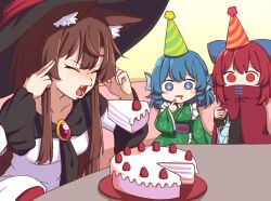  +_+ 3girls animal_ears black_hat black_shirt blue_bow blue_eyes blue_hair bow brooch brown_hair cake cake_slice cloak commentary cup dress drill_hair drill_sidelocks drinking_glass drooling empty_eyes english_commentary fins food frilled_kimono frills green_kimono hair_bow hat head_fins imaizumi_kagerou japanese_clothes jewelry kimono long_hair long_sleeves merfolk mermaid monster_girl mouth_drool multiple_girls open_mouth party_hat red_cloak red_eyes red_hair ribbon-trimmed_bow ribbon_trim sekibanki shirt sidelocks telekinesis touhou wakasagihime white_dress witch_hat wolf_ears wolf_girl wool_(miwol) 