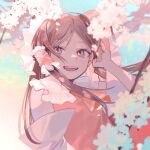  1girl :d ascot bare_shoulders bow brown_hair cherry_blossoms day hair_bow hair_tubes hakurei_reimu hand_up highres long_hair looking_to_the_side outdoors red_vest shi_chimi smile solo teeth touhou upper_teeth_only vest 