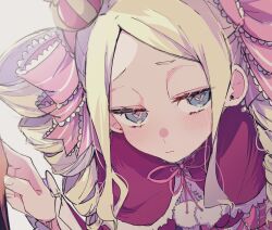  1girl averting_eyes beatrice_(re:zero) blonde_hair blue_eyes blush butterfly-shaped_pupils capelet clothes_grab commentary_request crown drawstring dress drill_hair fur-trimmed_capelet fur_trim grabbing_another's_shirt hair_ribbon highres long_hair looking_to_the_side mini_crown natsuneco_02 parted_bangs pink_pupils pink_ribbon pom_pom_(clothes) pom_pom_drawstring re:zero_kara_hajimeru_isekai_seikatsu red_capelet red_dress ribbon short_eyebrows sidelocks solo symbol-shaped_pupils twin_drills upper_body wavy_mouth 