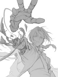  1boy absurdres arm_up braid collared_jacket edward_elric floating_hair fullmetal_alchemist greyscale highres jacket kkamiiz long_hair looking_at_viewer male_focus mechabare mechanical_arms monochrome open_clothes open_jacket parted_hair parted_lips shirt simple_background single_mechanical_arm solo white_background 