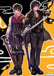  2boys bandaid bandaid_on_face black_boots black_coat black_hair black_pants boots coat commentary crossover fate/grand_order fate_(series) gintama grey_pants hand_in_pocket highres hijikata_toshizou_(fate) hijikata_toushirou holding holding_sword holding_weapon maewenmitzuki male_focus multiple_boys pants short_hair smoke smoking sword trait_connection two-tone_background vest weapon 