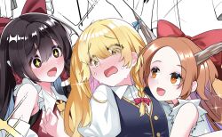  1girl 2boys @_@ ascot black_vest blonde_hair blush bow brown_eyes brown_hair brown_horns collared_shirt commentary_request commission cosplay crossdressing crossdressing_(mtf) crying crying_with_eyes_open frilled_bow frilled_hair_tubes frills hair_bow hair_tubes hakurei_reimu hakurei_reimu_(cosplay) highres horns ibuki_suika ibuki_suika_(cosplay) kirisame_marisa kirisame_marisa_(cosplay) long_hair multiple_boys nodoguro_(phi-tan) open_mouth orange_bow orange_hair original pink_bow red_bow shirt skeb_commission tears touhou unfinished vest white_shirt yellow_ascot 