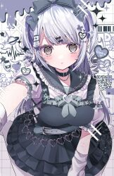  1girl @_@ absurdres barcode belt black_bow black_choker black_dress black_eyes black_sailor_collar blush bone_hair_ornament bow breasts chibana_sora choker closed_mouth collar commentary cross-laced_clothes cross-laced_dress dot_nose dress drill_hair elbow_gloves expressionless frilled_collar frills gloves grey_belt grey_ribbon grid_background hair_ornament hair_ribbon heart heart_hair_ornament heart_necklace highres jewelry large_breasts layered_dress long_hair looking_at_viewer multicolored_eyes necklace original pixel_star qr_code reaching reaching_towards_viewer ribbon sailor_collar scratches short_sleeves sidelocks sitting solo staring thigh-highs twin_drills untranslatable_commentary wariza white_background white_eyes white_hair white_thighhighs 