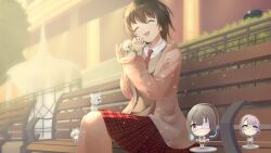  1girl 1other absurdres acrylic_stand_(object) aoi_erika black_hair byakko_(heaven_burns_red) chibi closed_eyes commentary_request dusk eatthatcrab fountain heaven_burns_red hedge highres higuchi_seika hiiragi_kozue kayamori_ruka minase_sumomo narby_(heaven_burns_red) necktie on_bench open_mouth red_necktie short_hair skirt slime_(creature) twilight 