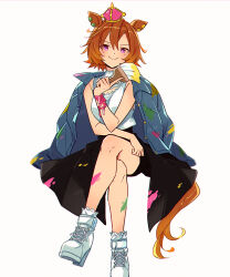  1girl animal_ears black_skirt blue_jacket blush breasts closed_mouth commentary crown domdam80 hair_between_eyes holding holding_paintbrush horse_ears horse_girl horse_tail invisible_chair jacket jacket_on_shoulders looking_at_viewer mini_crown orange_hair orange_tail paint paint_on_body paint_on_clothes paintbrush pink_crown shirt shoes short_hair simple_background sitting skirt sleeveless sleeveless_shirt smile solo t.m._opera_o_(umamusume) tail umamusume violet_eyes white_background white_shirt white_shoes 