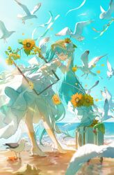  1girl absurdres aqua_hair aqua_nails bare_shoulders bird boots bow closed_eyes commentary_request day dress eighth_note field fingerless_gloves flower flower_field full_body gloves hair_between_eyes hair_ornament hand_up hat hat_bow hat_flower hatsune_miku headset high_heel_boots high_heels highres lace-up_boots lake lens_flare long_hair magical_mirai_(vocaloid) magical_mirai_miku magical_mirai_miku_(2026) miku_day musical_note musical_note_hair_ornament nail_polish open-toe_boots open_mouth orange_flower outdoors ripples smile solo straw_hat sun sunflower toenail_polish toenails twintails very_long_hair vocaloid water_butterfly water_drop white_boots white_bow white_dress white_gloves yellow_flower yurun_(yurun_ume) 