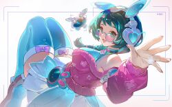  1girl bare_shoulders blue_eyes blue_hair blue_thighhighs bow braid braided_ponytail collar commentary from_behind glasses highres long_hair mei_(overwatch) nail_polish overwatch pink_nails pink_sweater ponytail road_233 single_braid skirt snowball_(overwatch) snowflakes solo sweater thigh-highs untranslatable_commentary waving white_background white_skirt 