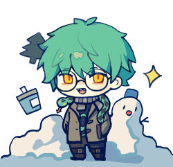  chaojufei character_request chibi commentary_request green_hair hands_in_pockets hijinrui_gakuen open_mouth round_eyewear sharp_teeth short_hair simple_background slit_pupils snake snow snowman teeth white_background 