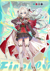  1girl abstract_background aqua_hair artist_name asymmetrical_dual_wielding black_skirt blue_pupils boots braid brown_jacket buttons cape character_name collared_shirt color_guide commentary_request copyright_name double-breasted dual_wielding english_text epaulettes fiery_wings fire firefly_(honkai:_star_rail) firefly_(vision)_(honkai:_star_rail) full_body gou_lianlian_dogface gradient_hair green_fire grey_hair hair_between_eyes hair_intakes highres holding holding_behind_back holding_knife holding_sword holding_weapon honkai:_star_rail honkai_(series) jacket knife layered_skirt long_hair looking_at_viewer military_uniform multicolored_hair multicolored_jacket multiple_wings notebook official_alternate_costume red_cape red_jacket shirt skirt smile solo sword thigh_boots two-sided_cape two-sided_fabric two-tone_jacket violet_eyes weapon white_boots white_shirt wings zoom_layer 