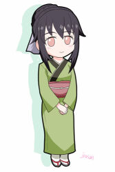  1girl artist_name black_hair bob_cut braid bun_with_braided_base chibi closed_mouth eiyuu_densetsu full_body geta green_kimono hair_bun japanese_clothes kaede_(eiyuu_densetsu) kimono kuro_no_kiseki_(series) kuro_no_kiseki_ii long_sidelocks long_sleeves lowres obi obijime sash short_hair sidelocks silhouette simple_background single_hair_bun smile tabi white_background wide_sleeves xiacheng_tatsuya 