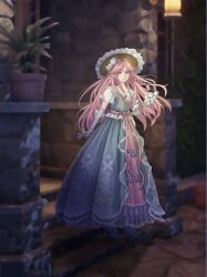  1girl absurdres animal_print bouquet braid brown_eyes brown_hat butterfly_print chinese_commentary closed_mouth commentary_request commission dark dress elbow_gloves floating_hair flower frilled_headwear full_body gloves green_dress hair_flower hair_ornament happy hat highres holding holding_bouquet house in-universe_location infinity_nikki layered_dress long_dress long_hair looking_at_viewer night nikki_(nikki) nikki_(series) outdoors parted_bangs pelvic_curtain pink_dress pink_hair pink_ribbon plant pleated_dress pleated_sleeves potted_plant print_dress ribbon rose shenhuobuzhihuo short_sleeves side_braids smile solo standing sun_hat twin_braids verdant_melodies_(infinity_nikki) white_flower white_gloves white_rose white_sleeves wind 