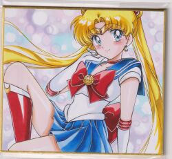  1girl arm_support back_bow bishoujo_senshi_sailor_moon blonde_hair blue_eyes blue_sailor_collar blue_skirt blush boots bow breasts bubble_background chikoto_(kztc4472) choker closed_mouth collarbone commentary crescent crescent_earrings double_bun earrings elbow_gloves gem gloves gold_tiara hair_bun hair_ornament hand_on_own_cheek hand_on_own_face hand_up highres jewelry knee_boots knees_up leaning_back leotard lips lone_nape_hair long_hair looking_at_viewer magical_girl medium_breasts miniskirt parted_bangs photo_(medium) picture_frame pink_background pleated_skirt red_boots red_bow red_choker red_gem red_trim sailor_collar sailor_moon sailor_senshi_uniform short_sleeves sitting skirt smile solo tiara traditional_media transformation_brooch_(sailor_moon) tsukino_usagi twintails very_long_hair white_gloves white_leotard white_trim 