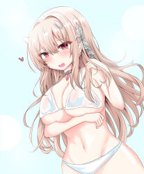  absurdres arm_under_breasts belly blush breasts cyberdemon_no3 goddess_of_victory:_nikke hair_ornament heart highres navel red_eyes 