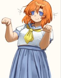  blue_eyes blue_skirt blush cowboy_shot hands_up higurashi_no_naku_koro_ni necktie orange_hair ryuuguu_rena school_uniform serafuku shirt short+hair skirt smile white_shirt yellow_necktie yuuru_yuru 