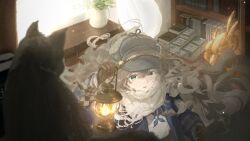  1girl absurdres blue_coat blue_eyes blue_neckerchief book book_stack bookshelf brown_gloves brown_hair cat coat commentary_request curtains dress floating_hair gloves grey_hat hand_up hat highres holding holding_lantern indoors lantern long_hair looking_at_viewer natrium_(natriuuumovo) neckerchief newsboy_cap parted_lips reverse:1999 scarf solo unilog_(reverse:1999) upper_body vase white_dress white_scarf 