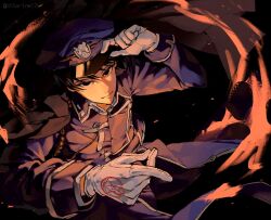 1boy amestris_military_uniform black_coat black_eyes black_hair black_pants blue_coat blue_hat chlorine17x closed_mouth coat coat_on_shoulders commentary fire fullmetal_alchemist gloves hat highres long_sleeves looking_at_viewer looking_up male_focus pants peaked_cap pyrokinesis roy_mustang sleeve_cuffs solo white_gloves 