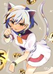  1girl :p animal_ears barefoot bell blurry blurry_background breasts calico cat_ears cat_girl cat_tail coin depth_of_field extra_ears goutokuji_mike grey_background hair_between_eyes highres jingle_bell multicolored_clothes multicolored_hair neck_bell orange_eyes orange_hair paw_pose signature small_breasts solo sparkle streaked_hair tail take_no_ko_(4919400) tongue tongue_out touhou white_hair 